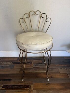Vintage MCM Hollywood Regency Gold Metal Vanity Stool with Cushion